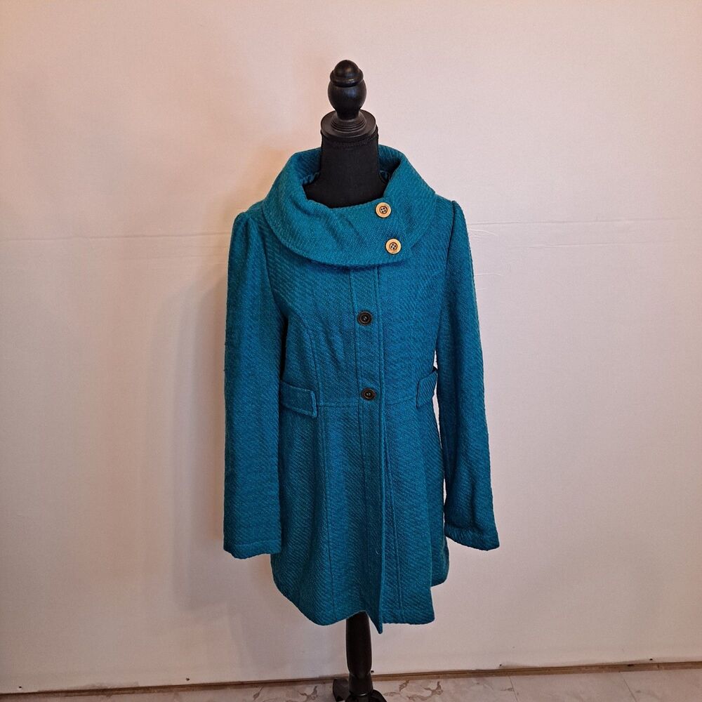 Tulle Women's Teal Frock Coat Size L Fold Over Funnel Collar Wool Blend Lined